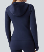 OneForm Seamless Flow Waffle Hooded Long Sleeve Thumb Hole Zipper Yoga Jacket with Pockets — Blueprint — view 5
