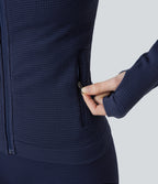 OneForm Seamless Flow Waffle Hooded Long Sleeve Thumb Hole Zipper Yoga Jacket with Pockets — Blueprint — view 6