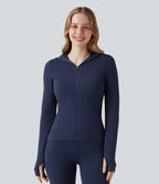 OneForm Seamless Flow Waffle Hooded Long Sleeve Thumb Hole Zipper Yoga Jacket with Pockets — Blueprint — view 3
