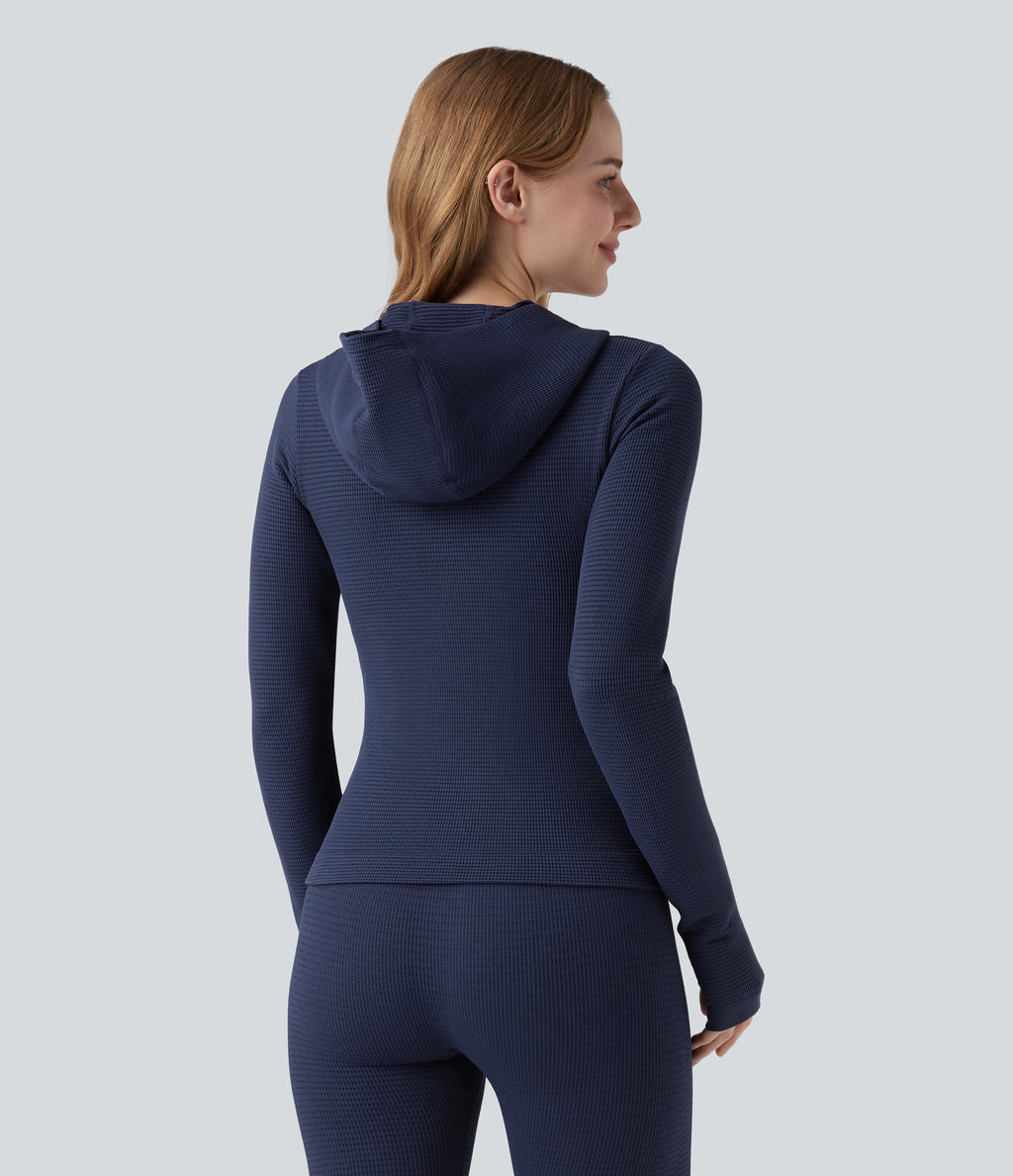 OneForm Seamless Flow Waffle Hooded Long Sleeve Thumb Hole Zipper Yoga Jacket with Pockets — Blueprint — view 2