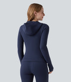 OneForm Seamless Flow Waffle Hooded Long Sleeve Thumb Hole Zipper Yoga Jacket with Pockets — Blueprint — view 2