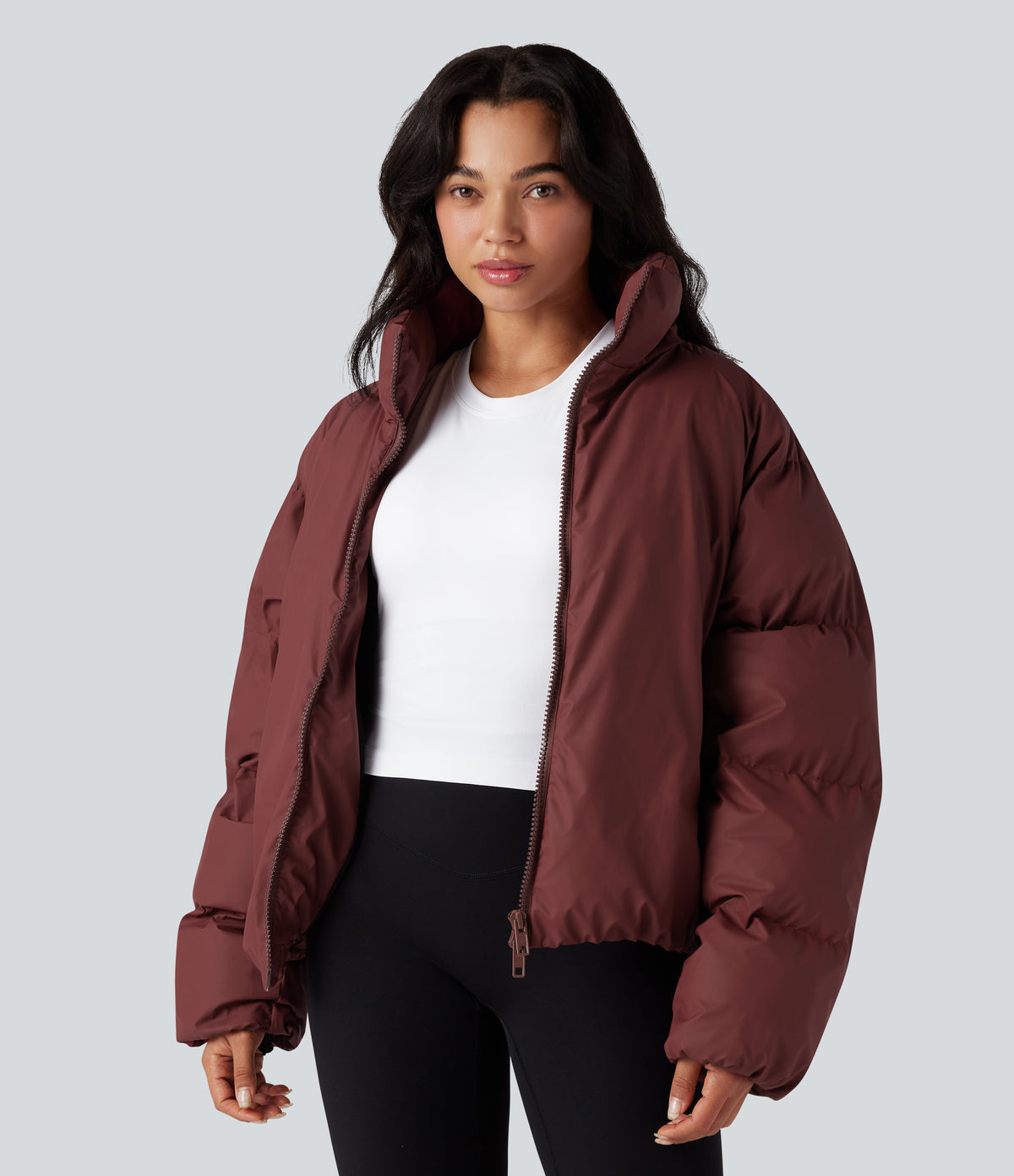 High-neck Drawstring Hem Oversize Casual Puffer Jacket with Pockets — Cowhide — view 1