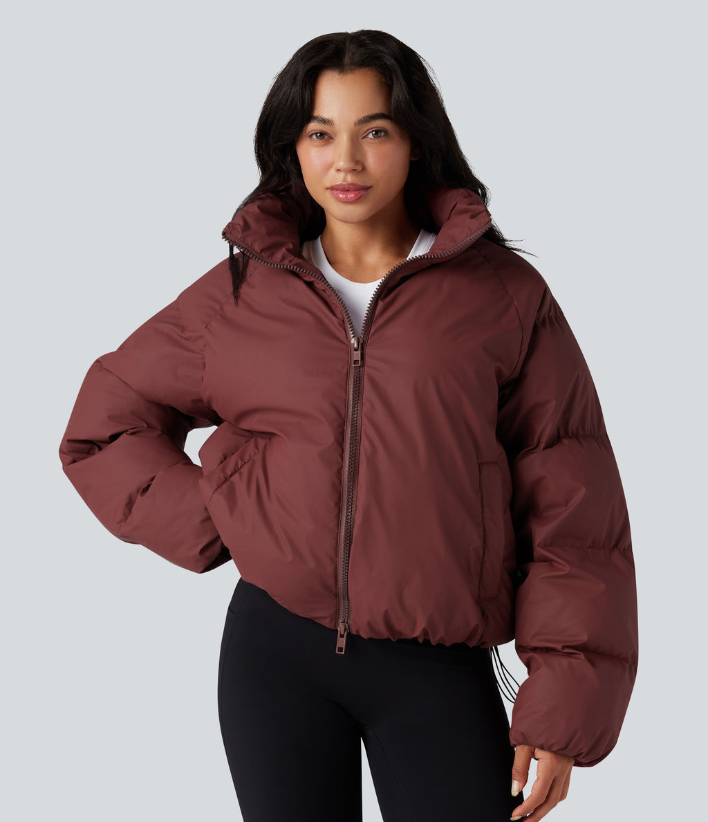 High-neck Drawstring Hem Oversize Casual Puffer Jacket with Pockets — Cowhide — view 8