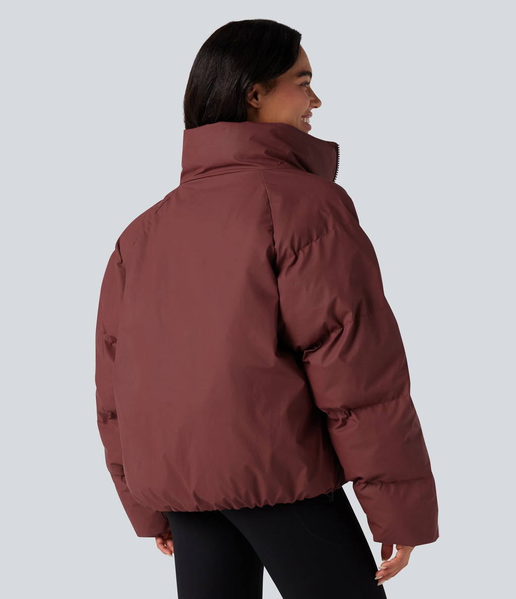 High-neck Drawstring Hem Oversize Casual Puffer Jacket with Pockets — Cowhide — view 2