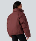 High-neck Drawstring Hem Oversize Casual Puffer Jacket with Pockets — Cowhide — view 2