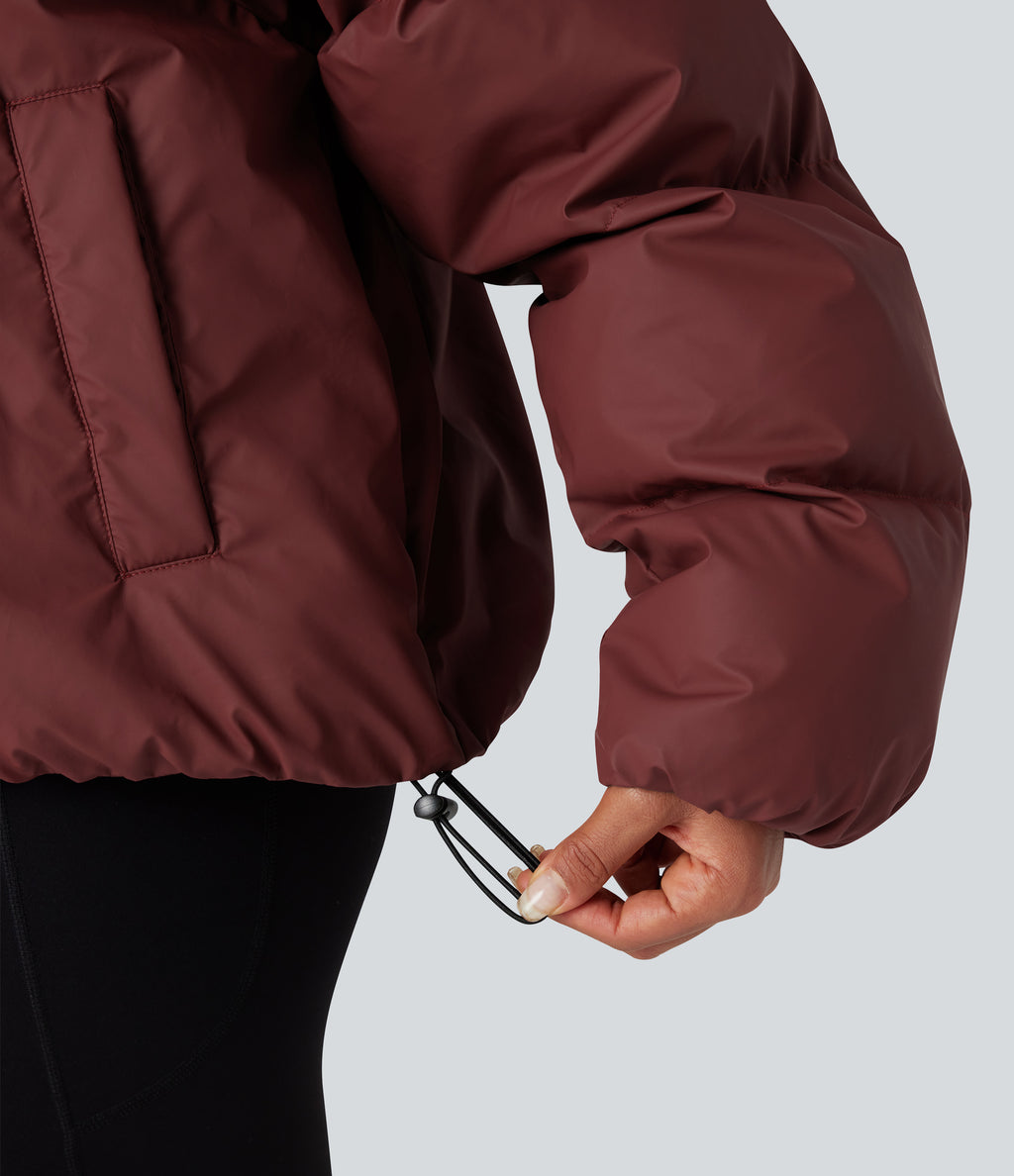 High-neck Drawstring Hem Oversize Casual Puffer Jacket with Pockets — Cowhide — view 7