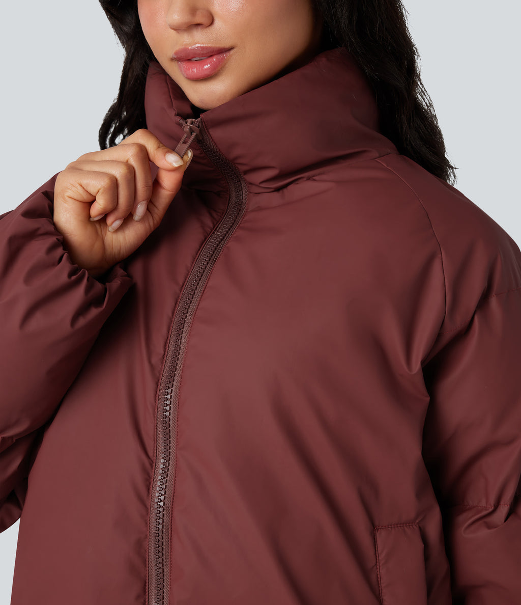 High-neck Drawstring Hem Oversize Casual Puffer Jacket with Pockets — Cowhide — view 5
