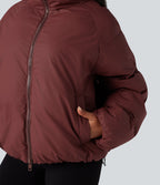 High-neck Drawstring Hem Oversize Casual Puffer Jacket with Pockets — Cowhide — view 6