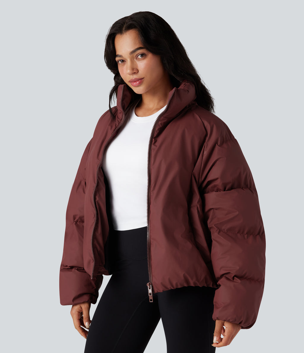 High-neck Drawstring Hem Oversize Casual Puffer Jacket with Pockets — Cowhide — view 3