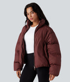 High-neck Drawstring Hem Oversize Casual Puffer Jacket with Pockets — Cowhide — view 3