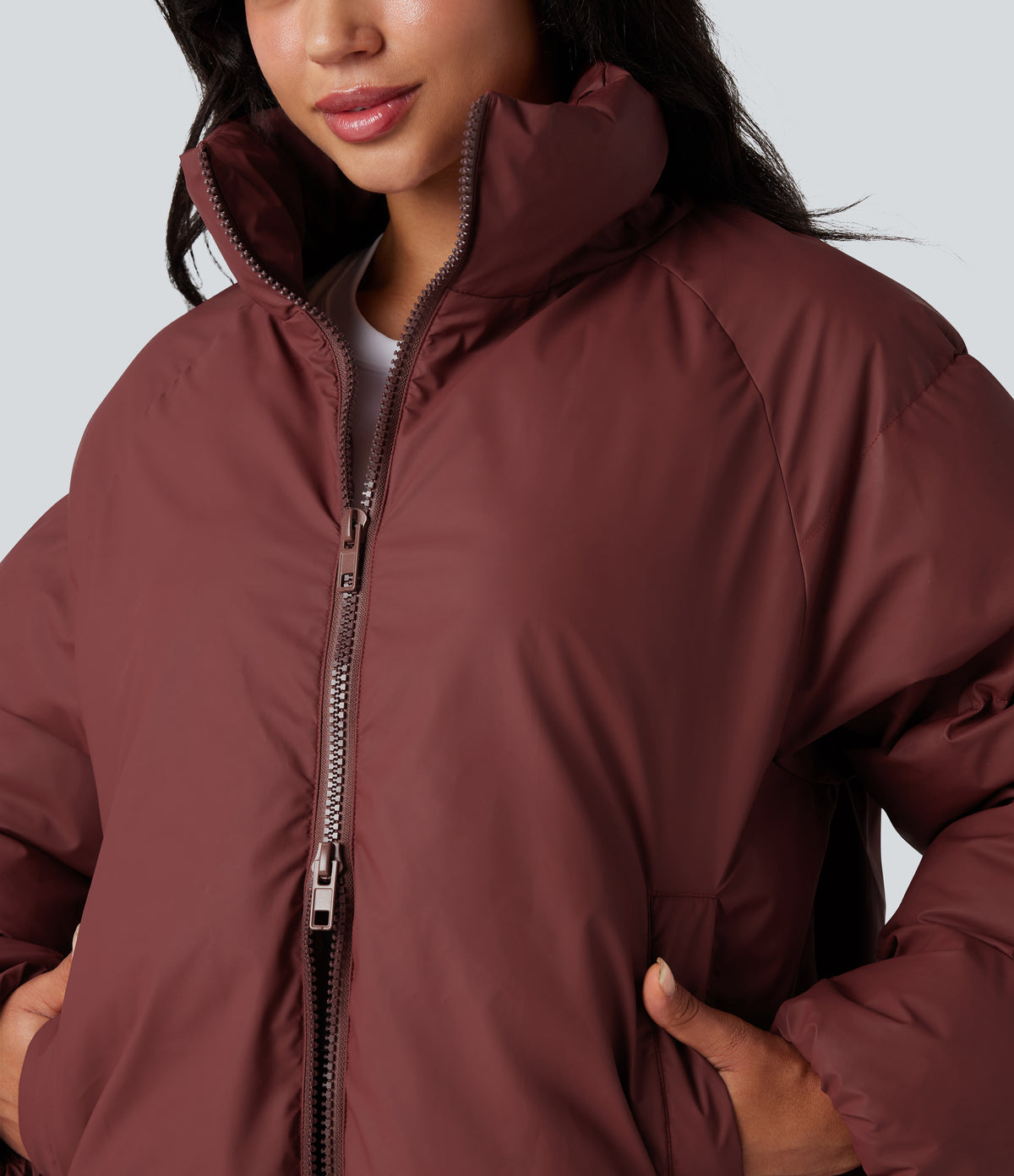 High-neck Drawstring Hem Oversize Casual Puffer Jacket with Pockets — Cowhide — view 4