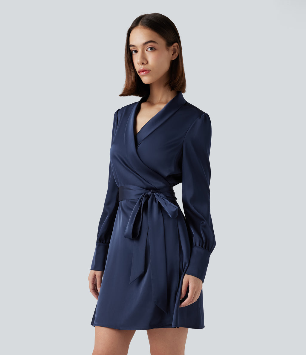 V Neck Long Sleeve Belted Mini Work Dress — Blue Gray — view 3