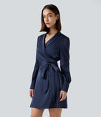 V Neck Long Sleeve Belted Mini Work Dress — Blue Gray — view 3