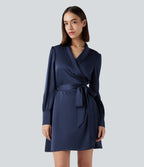 V Neck Long Sleeve Belted Mini Work Dress — Blue Gray — view 1