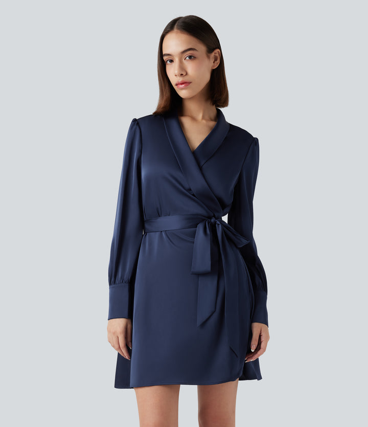 V Neck Long Sleeve Belted Mini Work Dress — Blue Gray — view 1