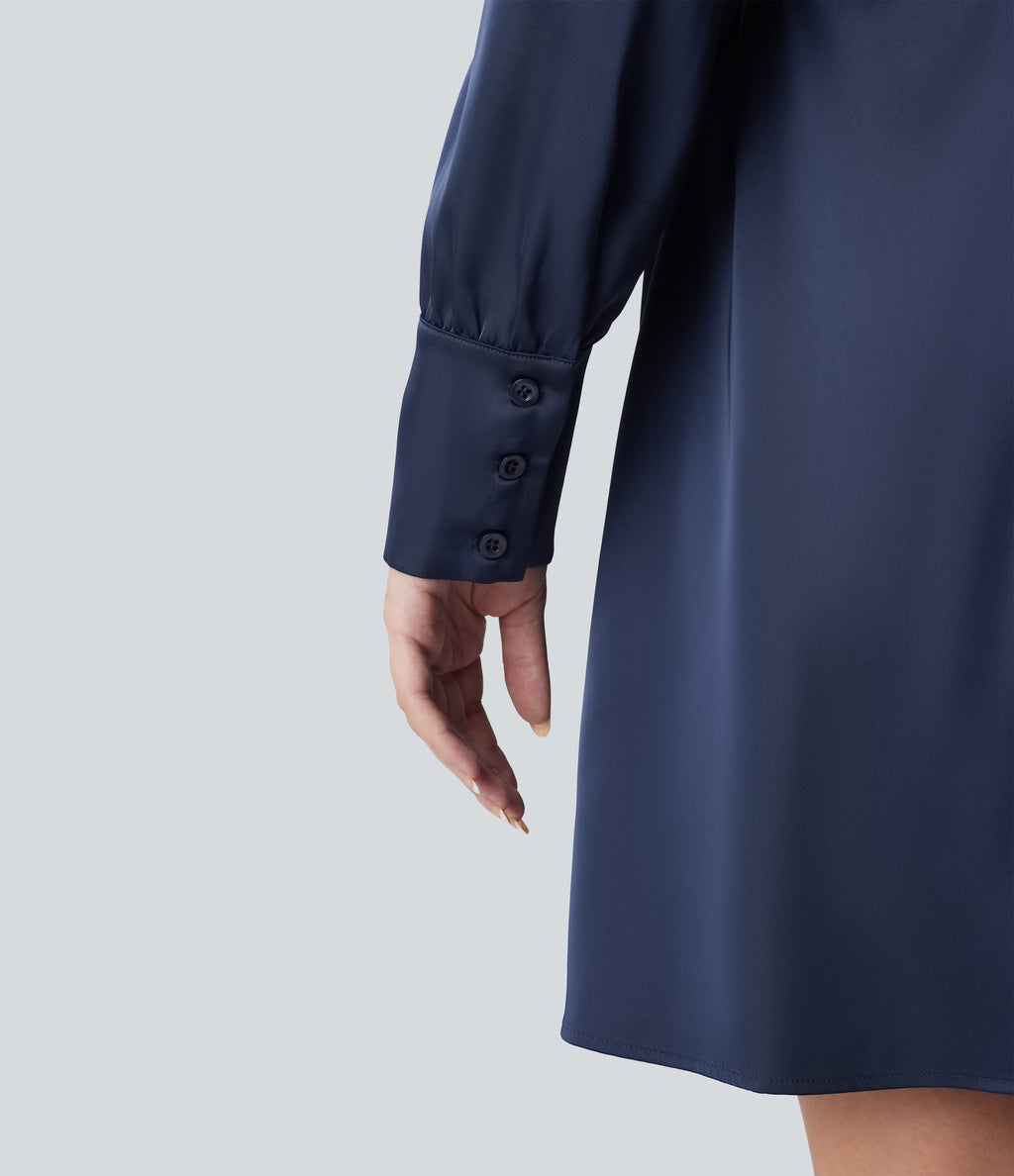 V Neck Long Sleeve Belted Mini Work Dress — Blue Gray — view 5