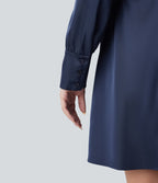V Neck Long Sleeve Belted Mini Work Dress — Blue Gray — view 5