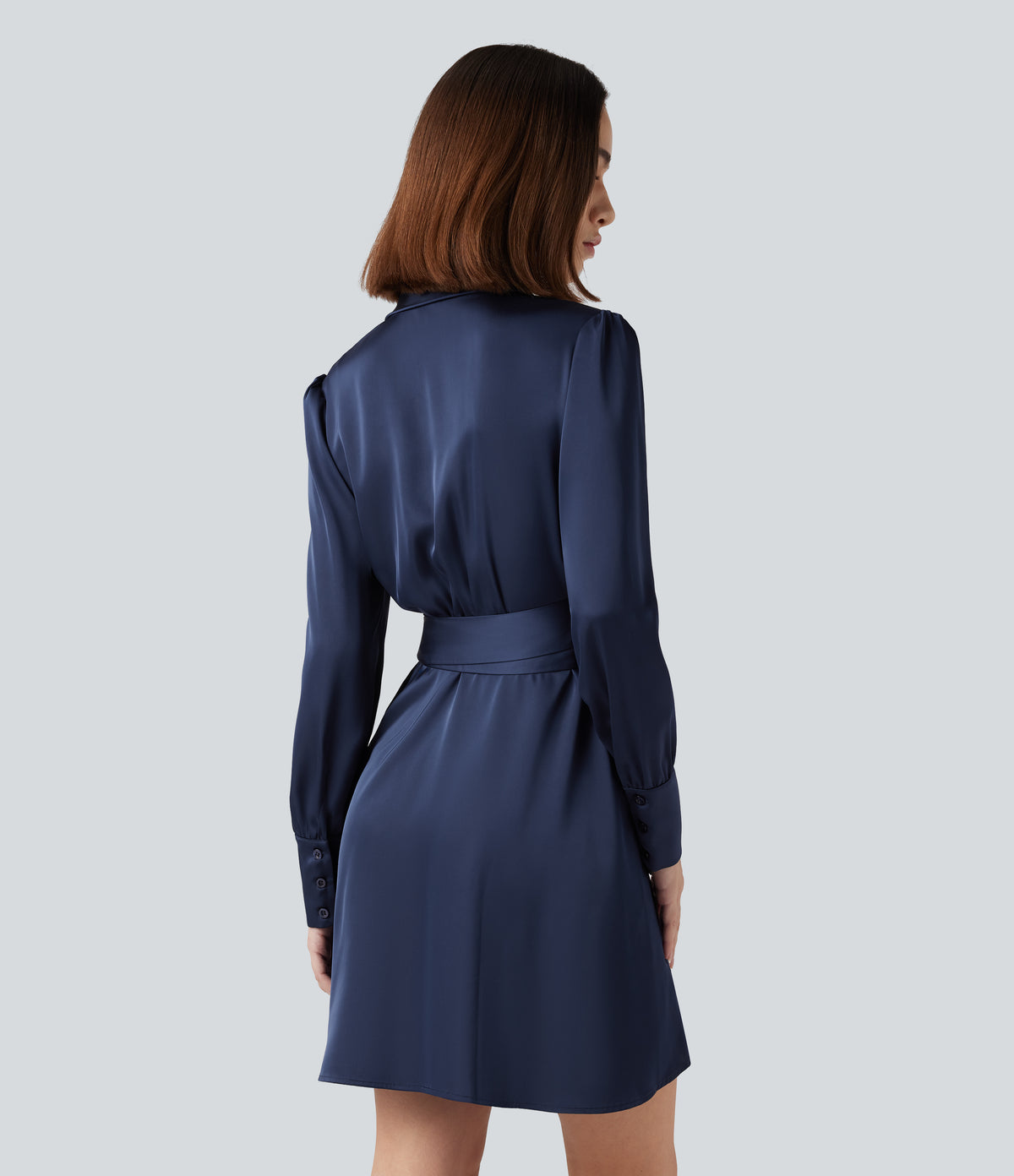 V Neck Long Sleeve Belted Mini Work Dress — Blue Gray — view 2