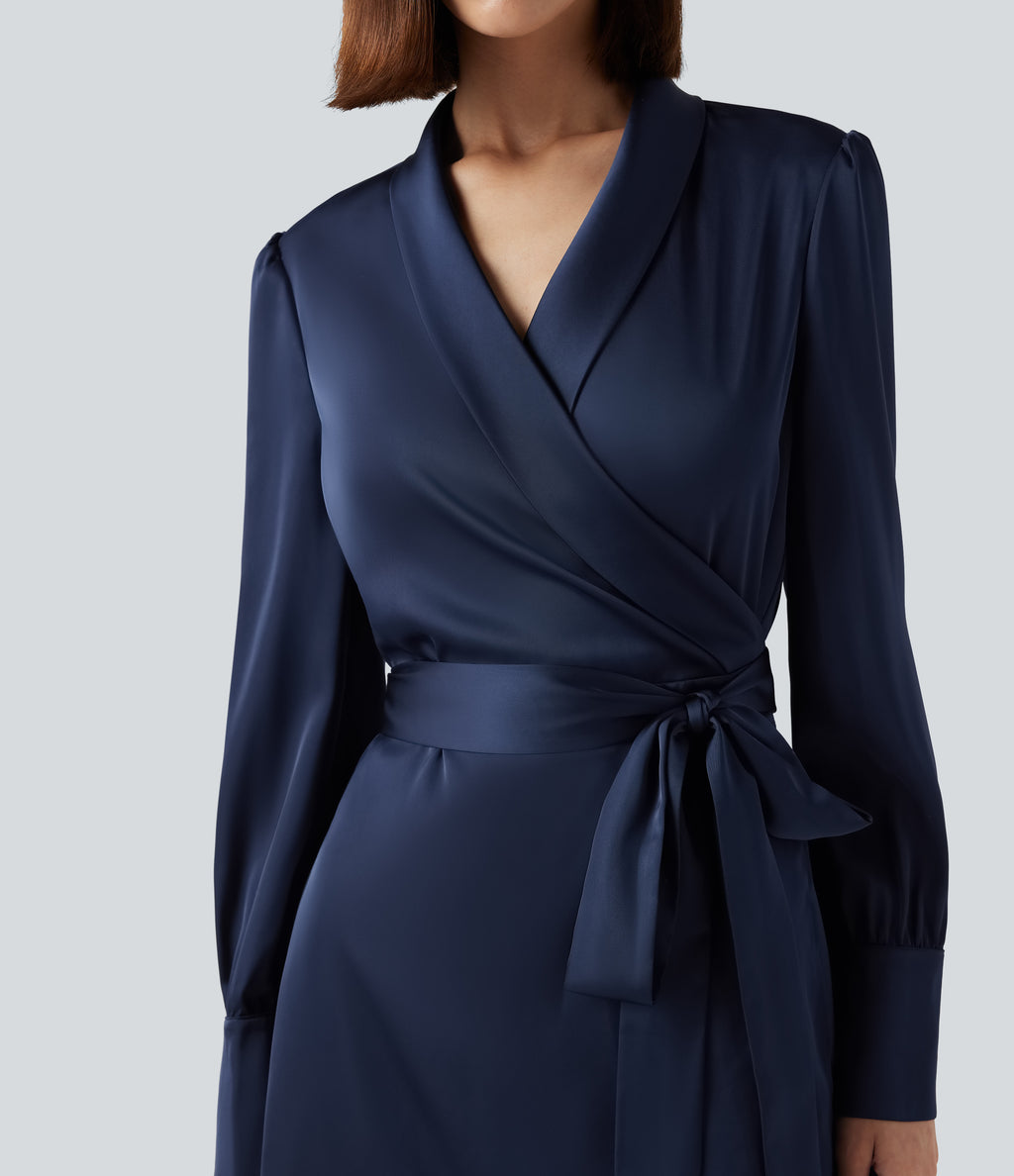 V Neck Long Sleeve Belted Mini Work Dress — Blue Gray — view 4