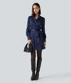V Neck Long Sleeve Belted Mini Work Dress — Blue Gray — view 6