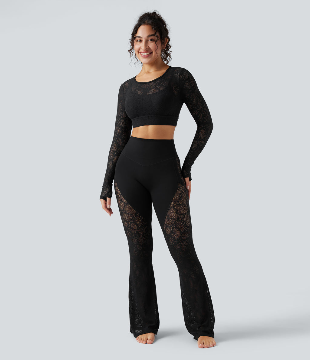 High Waisted Tummy Control Contrast Lace Yoga Flare Trousers with Pocket — Black — view 7