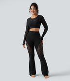 High Waisted Tummy Control Contrast Lace Yoga Flare Trousers with Pocket — Black — view 7