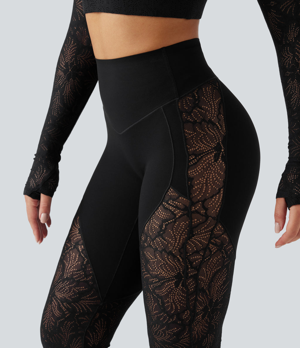 High Waisted Tummy Control Contrast Lace Yoga Flare Trousers with Pocket — Black — view 5