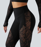 High Waisted Tummy Control Contrast Lace Yoga Flare Trousers with Pocket — Black — view 5
