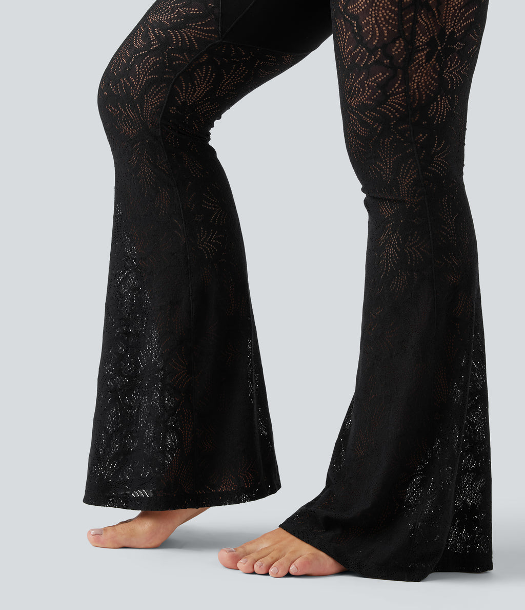 High Waisted Tummy Control Contrast Lace Yoga Flare Trousers with Pocket — Black — view 6