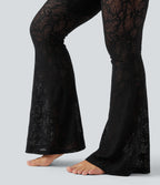 High Waisted Tummy Control Contrast Lace Yoga Flare Trousers with Pocket — Black — view 6