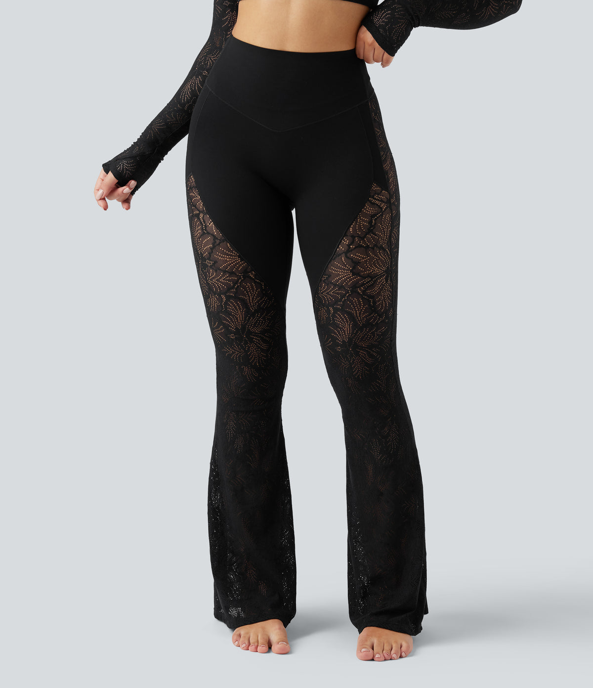 High Waisted Tummy Control Contrast Lace Yoga Flare Trousers with Pocket — Black — view 3