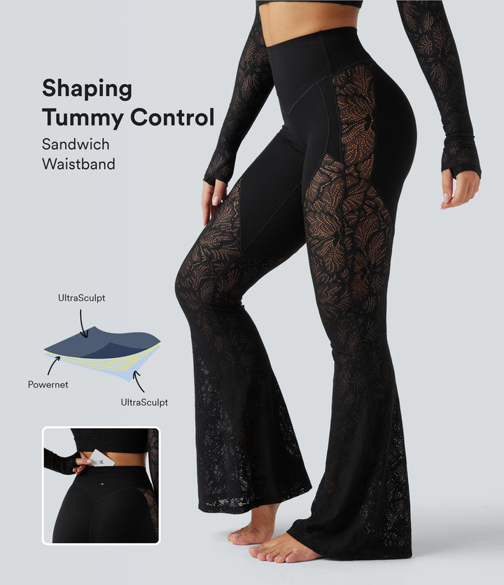 High Waisted Tummy Control Contrast Lace Yoga Flare Trousers with Pocket — Black — view 1
