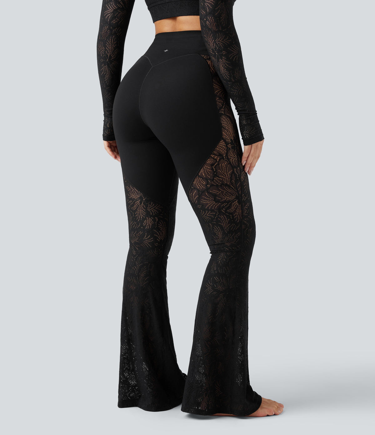 High Waisted Tummy Control Contrast Lace Yoga Flare Trousers with Pocket — Black — view 2