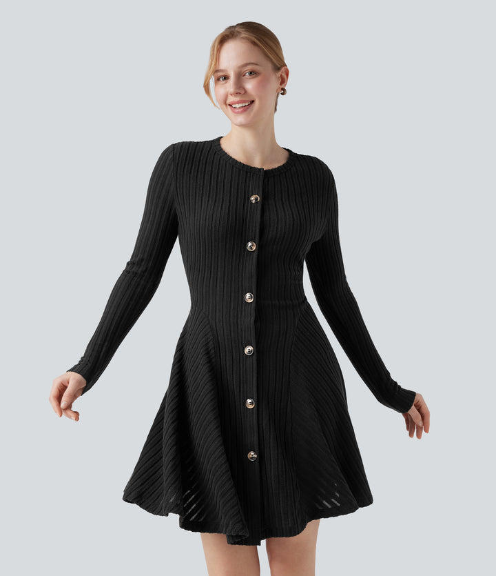 Ribbed Knit Round Neck Long Sleeve Flare Mini Fleece Casual Dress — Black — view 1