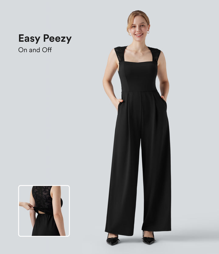 Square Neck Sleeveless Contrast Lace Bridesmaid And Wedding Guest Jumpsuit with Pockets — Black — view 1