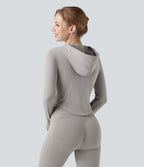 OneForm Seamless Flow Hooed Zipper Long Sleeve Thumb Hole Curved Hem Yoga Jacket — Porpoise — view 3
