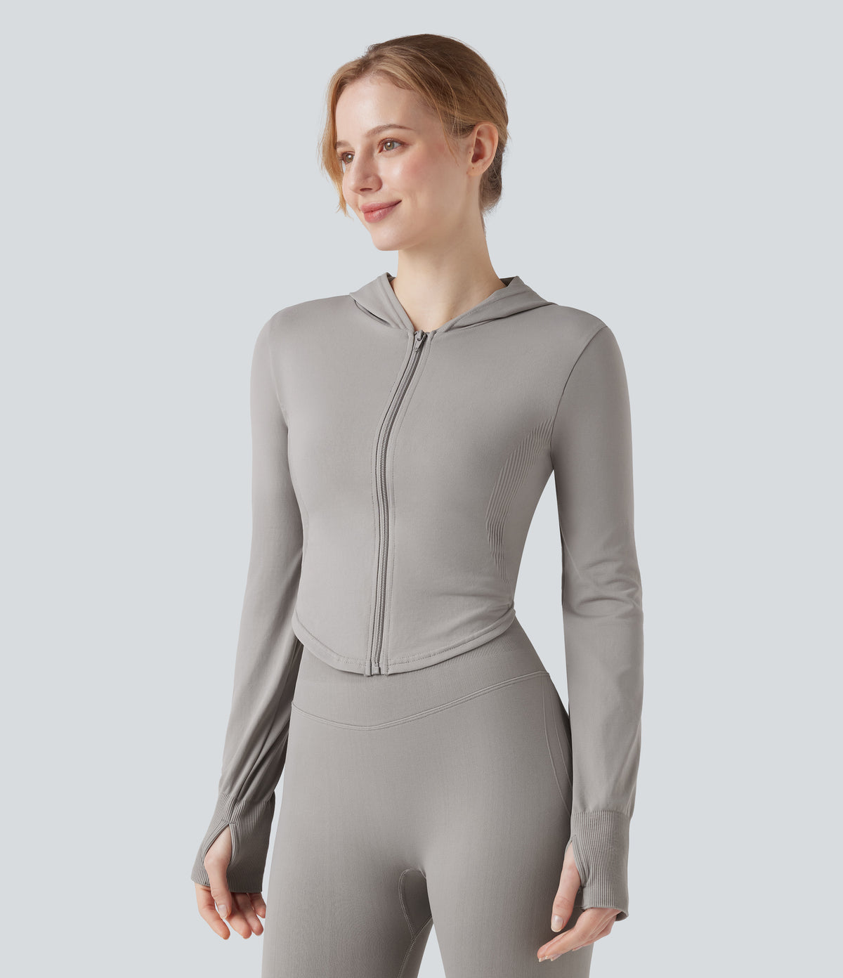 OneForm Seamless Flow Hooed Zipper Long Sleeve Thumb Hole Curved Hem Yoga Jacket — Porpoise — view 4