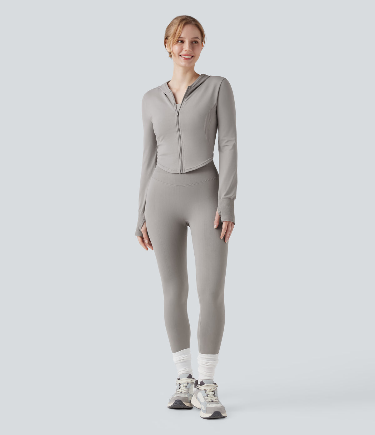 OneForm Seamless Flow Hooed Zipper Long Sleeve Thumb Hole Curved Hem Yoga Jacket — Porpoise — view 7