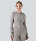 OneForm Seamless Flow Hooed Zipper Long Sleeve Thumb Hole Curved Hem Yoga Jacket — Porpoise — view 2