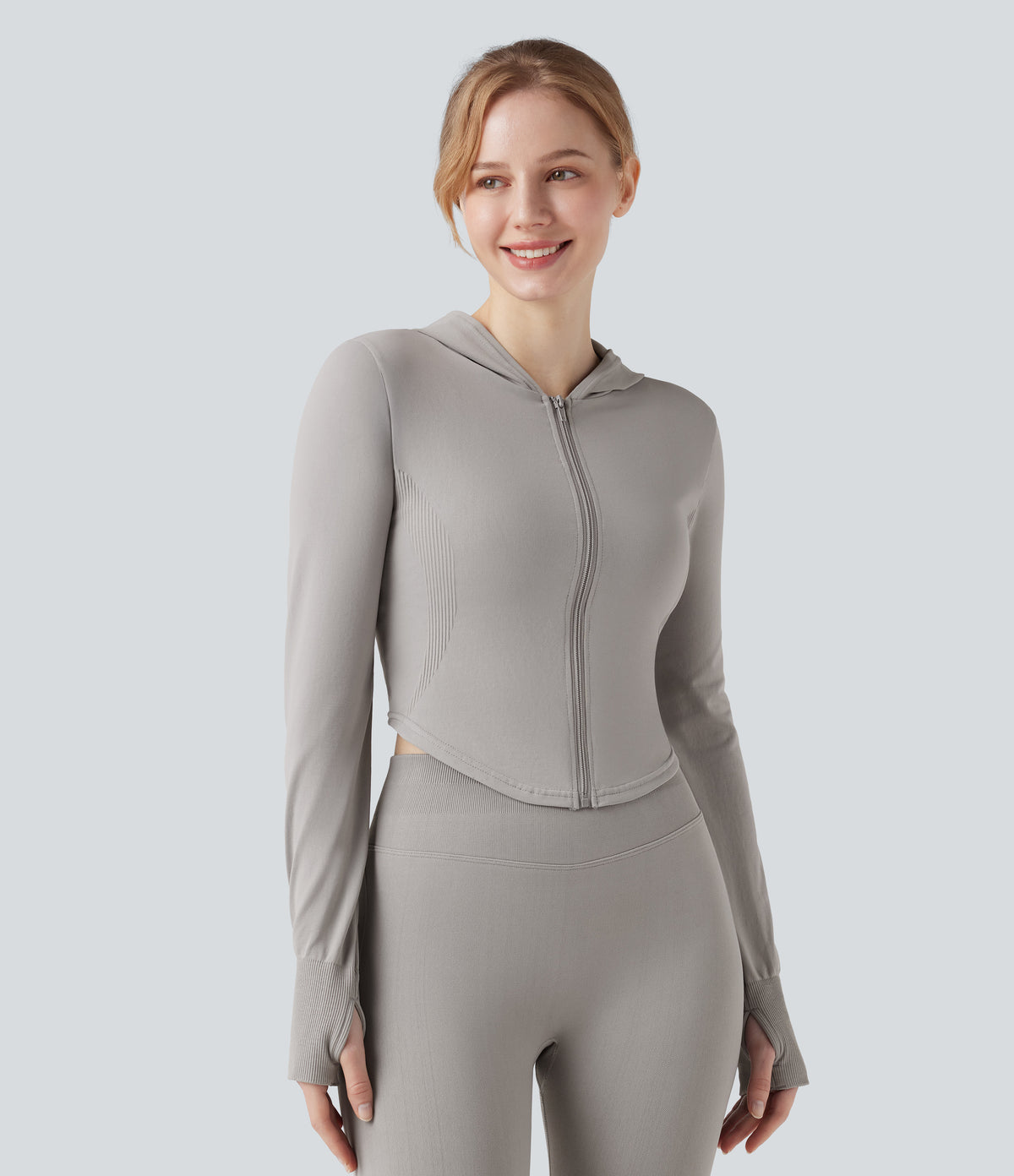OneForm Seamless Flow Hooed Zipper Long Sleeve Thumb Hole Curved Hem Yoga Jacket — Porpoise — view 2