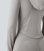 OneForm Seamless Flow Hooed Zipper Long Sleeve Thumb Hole Curved Hem Yoga Jacket — Porpoise — view 5