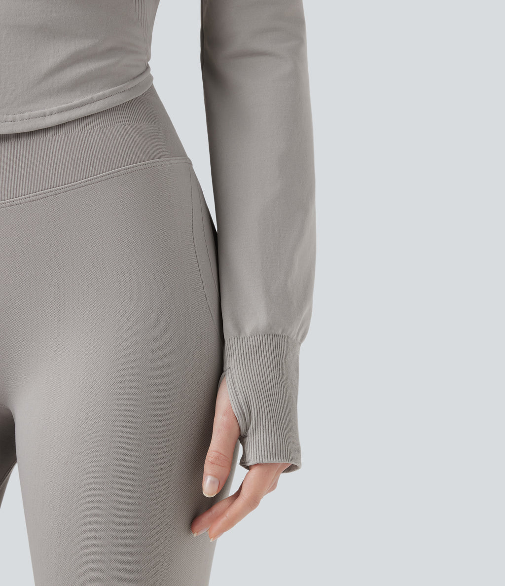 OneForm Seamless Flow Hooed Zipper Long Sleeve Thumb Hole Curved Hem Yoga Jacket — Porpoise — view 6