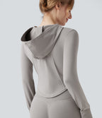 OneForm Seamless Flow Hooed Zipper Long Sleeve Thumb Hole Curved Hem Yoga Jacket — Porpoise — view 1