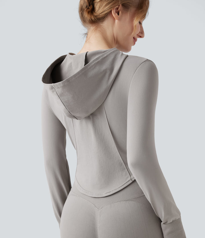 OneForm Seamless Flow Hooed Zipper Long Sleeve Thumb Hole Curved Hem Yoga Jacket — Porpoise — view 1
