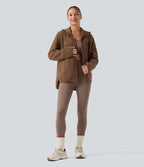 Long Sleeve High-Low Curved Hem Workout Sherpa Jacket with Pockets — Thrush — view 7