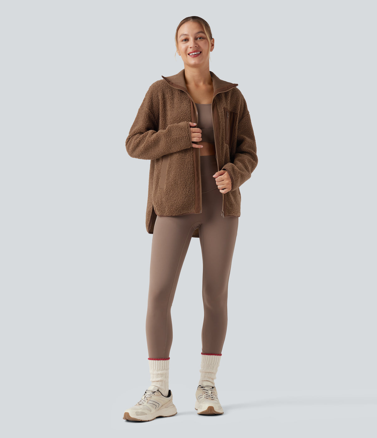 Long Sleeve High-Low Curved Hem Workout Sherpa Jacket with Pockets — Thrush — view 7