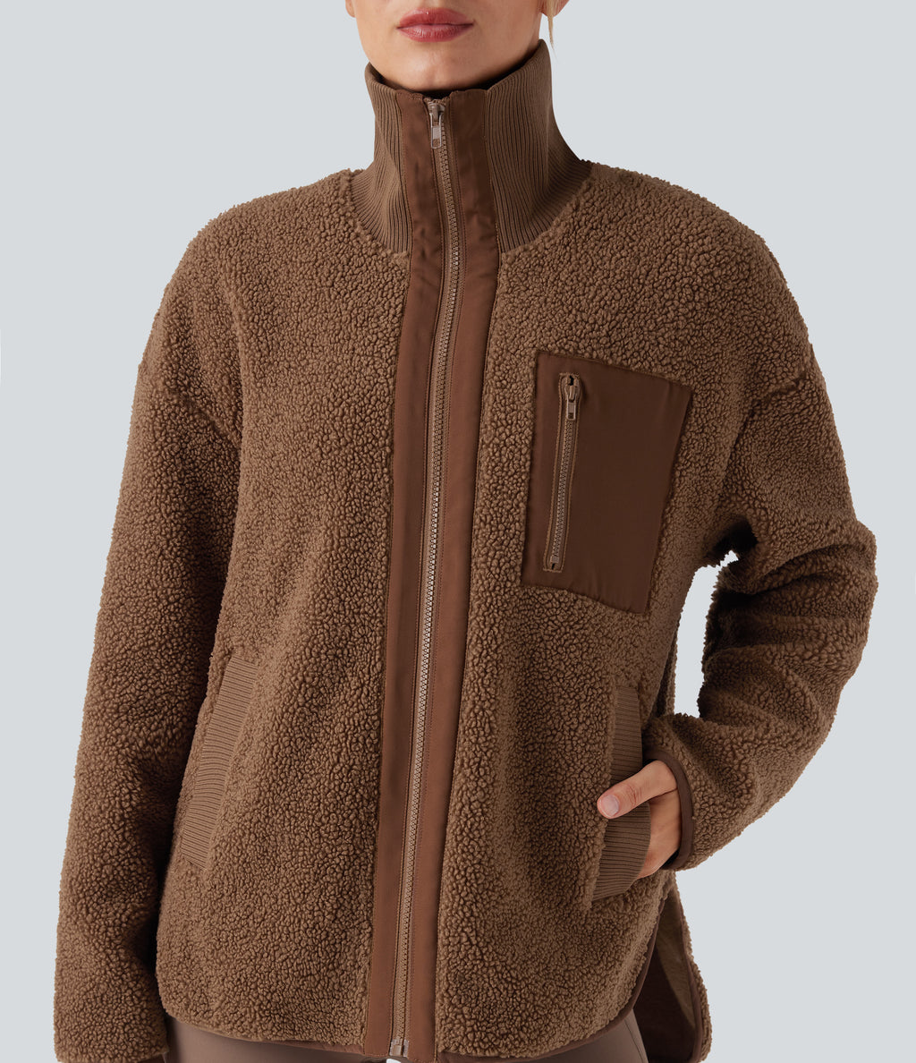 Long Sleeve High-Low Curved Hem Workout Sherpa Jacket with Pockets — Thrush — view 6