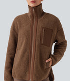Long Sleeve High-Low Curved Hem Workout Sherpa Jacket with Pockets — Thrush — view 6