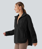 Long Sleeve High-Low Curved Hem Workout Sherpa Jacket with Pockets — Black — view 8