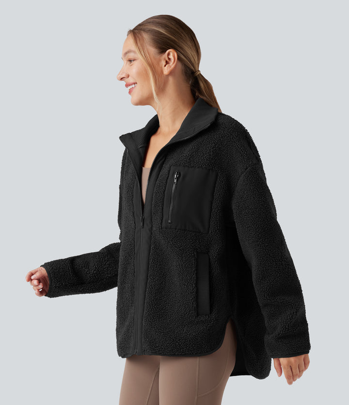 Long Sleeve High-Low Curved Hem Workout Sherpa Jacket with Pockets — Black — view 8